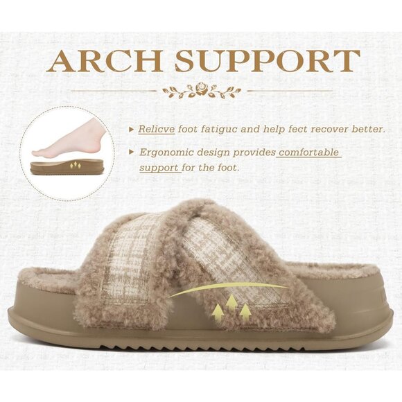 Women's Light Brown Fuzzy Furry Faux Fur Cross Band Arch Open Slippers Shoes - Picture 4 of 8